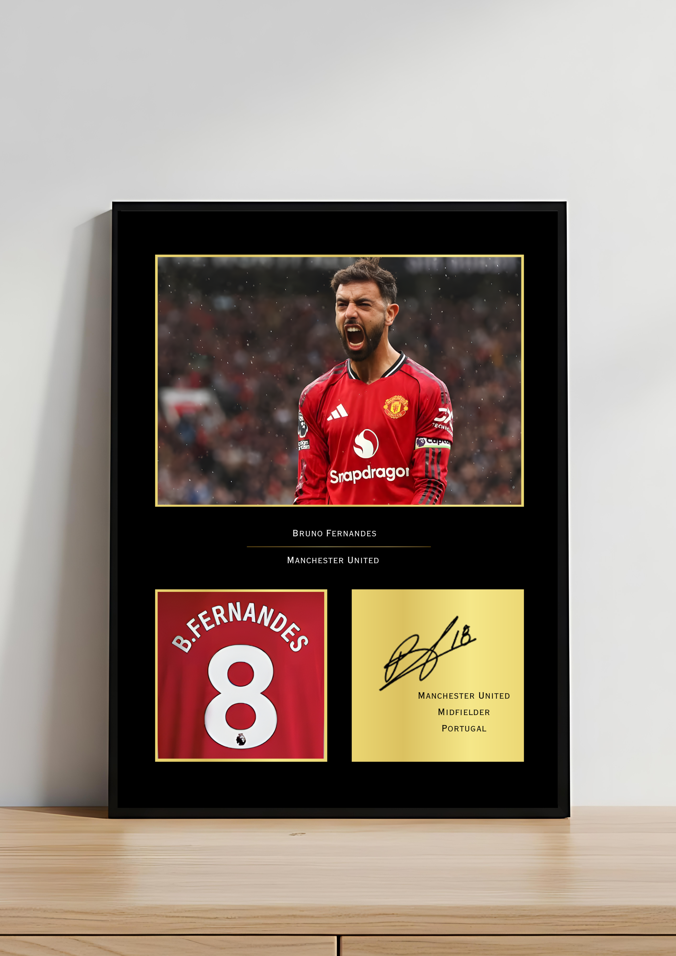 Framed Manchester United Bruno Fernandes photo with signature and jersey number 8 