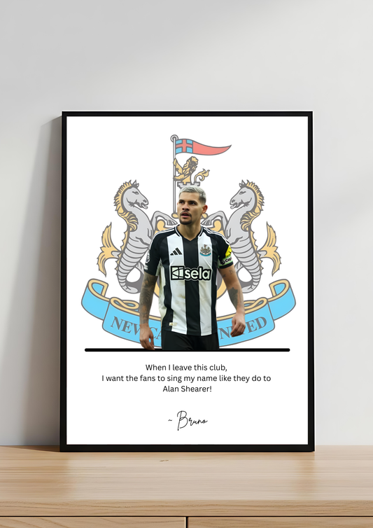 Bruno Guimarães Newcastle United Quote Art Print | NUFC Football Wall Art | Magpies Print with Badge Background