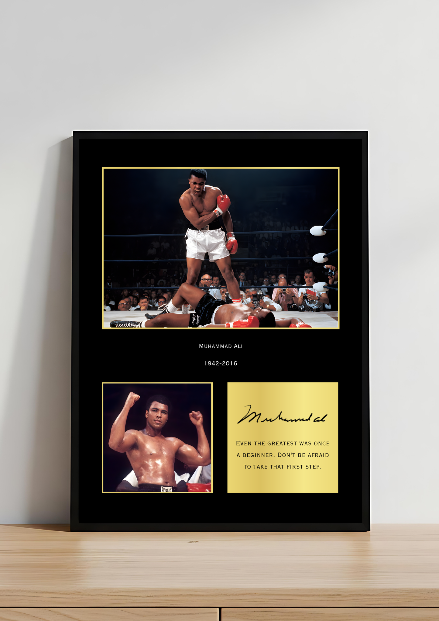 Muhammad Ali winning boxing a4 framed art print autograph signature black background 